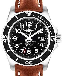 Superocean II 42mm in Steel with Black Bezel on Gold Calfskin Leather Strap with Volcano Black Dial