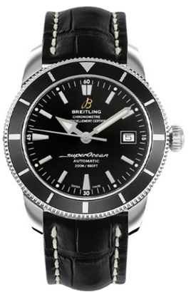 Superocean Heritage 42mm in Steel with Black Bezel On Black Crocodile Strap with Black Dial