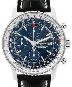 Navitimer World Chronograph 46mm in Steel on Black Crocodile Leather Strap with Blue Dial