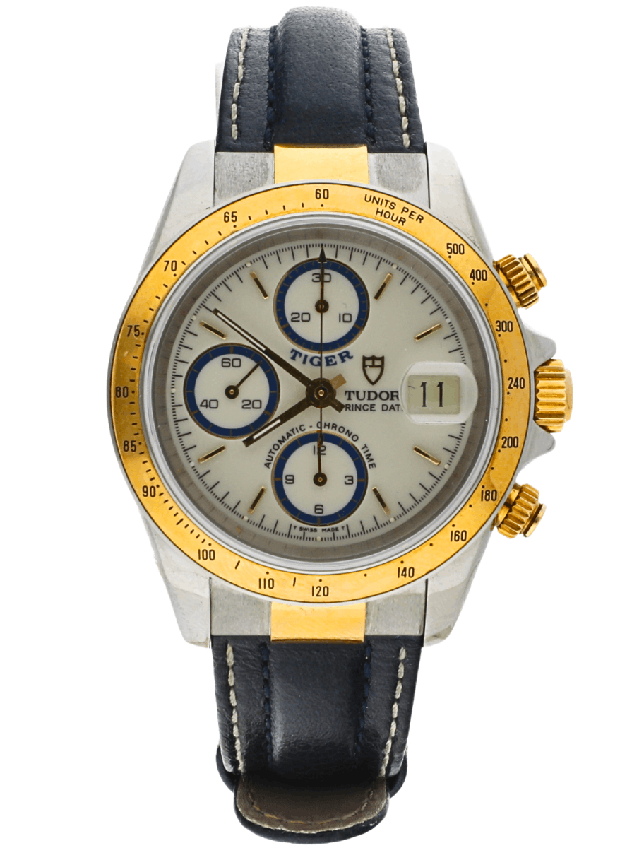 Tiger Prince Chronograph in Steel and Yellow Gold on Black Calf Leather Strap with White Dial