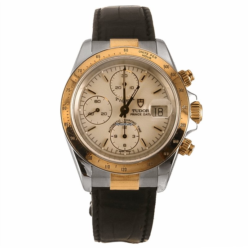 Tiger Prince Chronograph in Steel and Yellow Gold on Black Crocodile Leather Strap with Beige Dial
