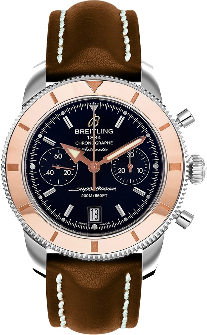 Superocean Chronographe Heritage 44mm Automatic in Steel and Rose Gold Bezel on Brown Calfskin Leather Strap with Volcano Black Dial