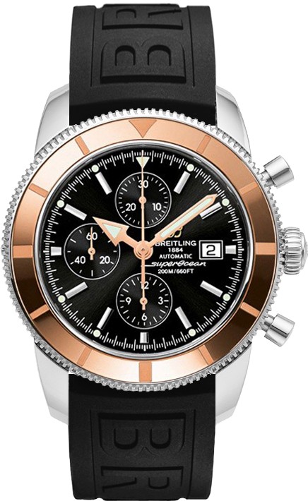 Superocean Heritage Chronograph in Steel with Rose Gold Bezel on Black Rubber Strap with Volcano Black Dial
