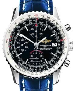 Navitimer Heritage 42mm in Steel on Blue Crocodile Leather Strap with Black Dial