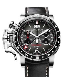 Chronofighter Vintage GMT 44mm in Steel On Black Calfskin Leather Strap with Black and Grey Dial