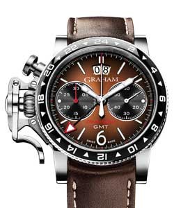 Chronofighter Vintage GMT 44mm in Steel On Brown Calfskin Leather Strap with Black and Brown Dial