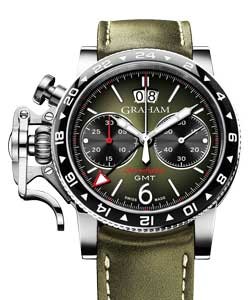 Chronofighter Vintage GMT 44mm in Steel On Green Calfskin Leather Strap with Black and Green Dial