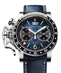 Chronofighter Vintage GMT 44mm in Steel On Blue Calfskin Leather Strap with Black and Blue Dial