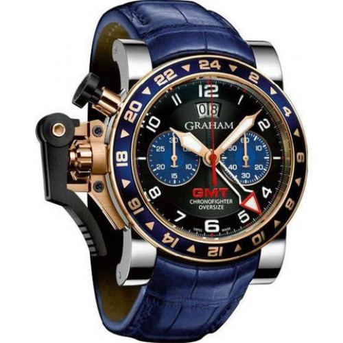 Chronofighter Oversize GMT in Steel and Rose Gold on Blue Alligator Leather Strap with Black And Blue Dial