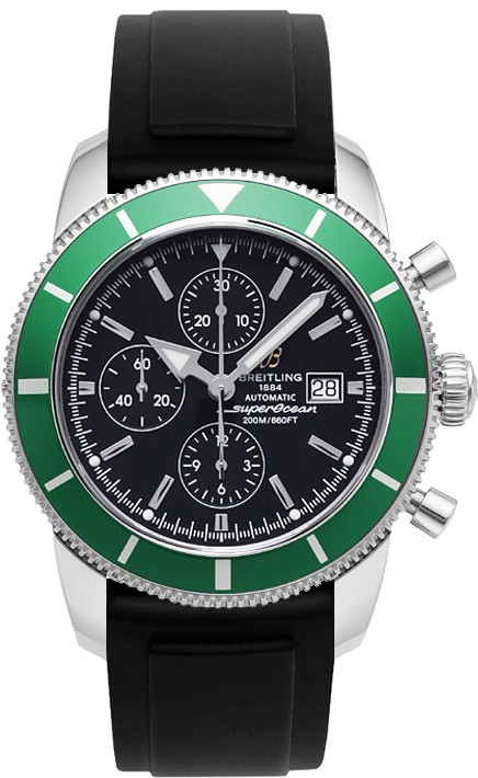 Superocean Heritage 46mm Automatic in Steel with Green Bezel on Black Rubber Strap with Volcano Black Dial