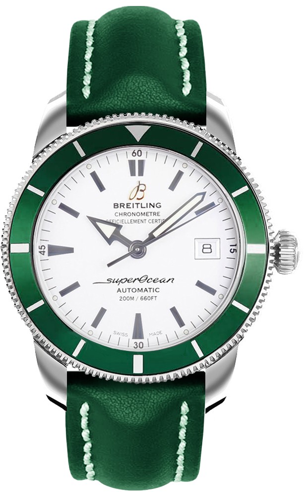 Superocean Heritage 42mm Automatic in Steel with Green Bezel on Green Calfskin Leather Strap with Stratus Silver Dial