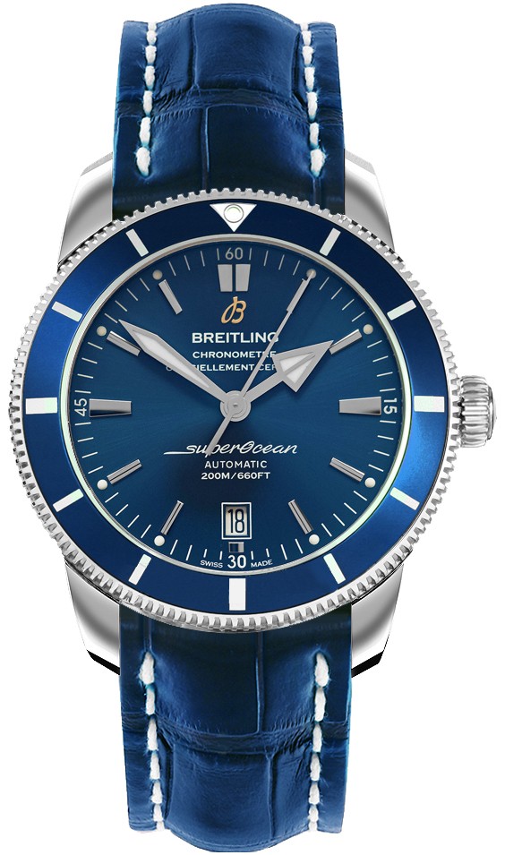 Superocean Heritage II 42mm Automatic in Steel with Blue Bezel on Blue Crocodile Leather Strap with Gun Blue Dial