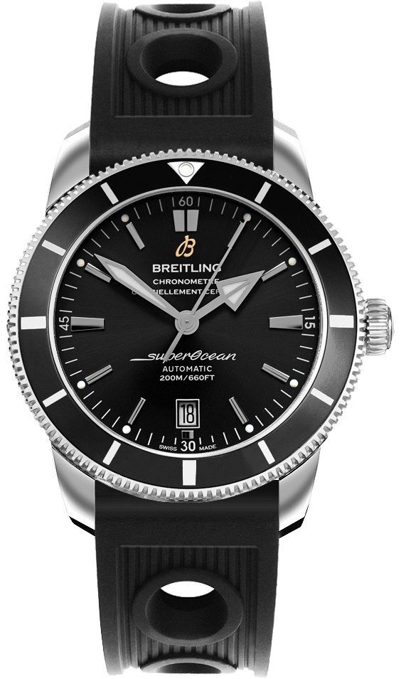 Superocean Heritage II 42mm Automatic in Steel with Black Ceramic Bezel on Black Ocean Racer Rubber Strap with Stratus Silver Dial