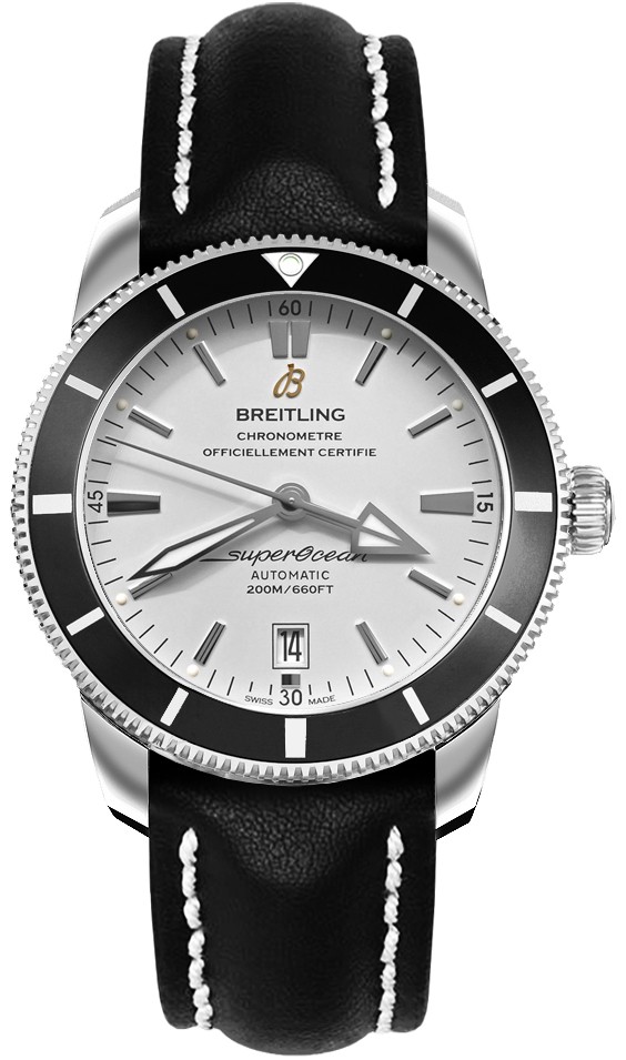 Superocean Heritage II 42mm Automatic in Steel with Black Ceramic Bezel on Black Calfskin Leather Strap with Stratus Silver Dial