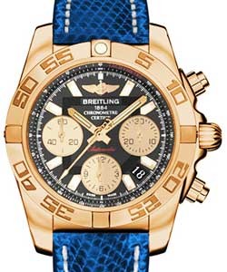 Chronomat 41mm in Rose Gold on Blue Marine Lizard Strap with Black Dial - Gold Subdials