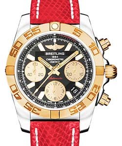 Chronomat 41mm in Steel with Rose Gold Bezel on Red Lizard Leather Strap with Black Dial and Gold Subdials