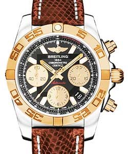 Chronomat 41mm in Steel with Rose Gold Bezel on Brown Lizard Leather Strap with Black Dial and Gold Subdials
