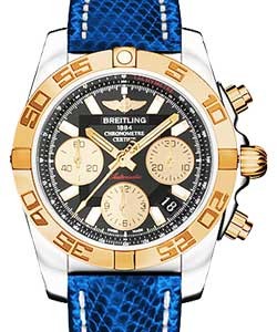 Chronomat 41mm in Steel with Rose Gold Bezel on Blue Lizard Leather Strap with Black Dial and Gold Subdials