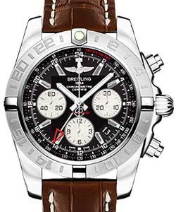 Chronomat GMT Chronograph 44mm in Steel on Brown Crocodile Leather Strap with Onyx Black Dial - Silver Subdials