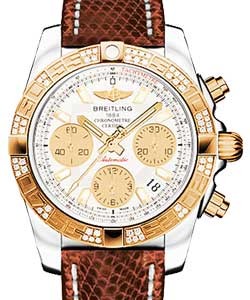 Chronomat 41 in Steel with Rose Gold Diamond Bezel on Brown Lizard Leather Strap with Silver Dial and Gold Subdials