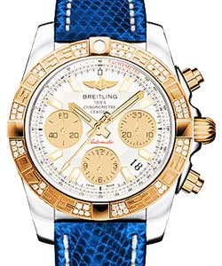 Chronomat 41 in Steel with Rose Gold Diamond Bezel on Blue Lizard Leather Strap with Silver Dial and Gold Subdials