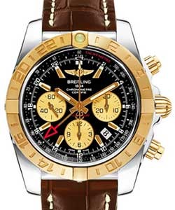 Chronomat 44 GMT Automatic in 2-Tone On Brown Crocodile Leather Strap with Black Dial - Gold Subdials