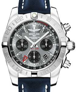 Chronomat 44 GMT Chronograph Automatic in Steel On Blue Calfskin Leather Strap with Grey Dial - Black Subdial