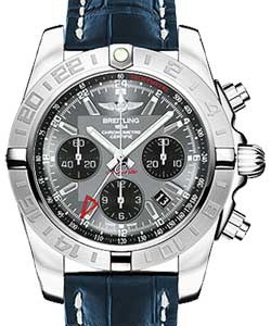 Chronomat GMT 44 Chronograph in Steel On Blue Crocodile Leather Strap with Grey Dial - Black Subdials