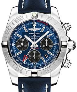 Chronomat 44 GMT Chronograph in Steel On Blue Calfskin Leather Strap with Blue Dial - Black Subdials