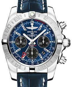 Chronomat GMT 44 Chronograph in Steel On Blue Crocodile Leather Strap with Blue Dial - Black Subdials
