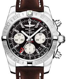 Chronomat GMT Chronograph 44mm in Steel on Brown Calfskin Leather Strap with Onyx Black Dial - Silver Subdials