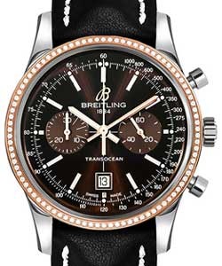 Transocean Chronograph 38mm Automatic in Steel and Rose Gold Diamond Bezel on Black Calfskin Leather Strap with Brown Dial
