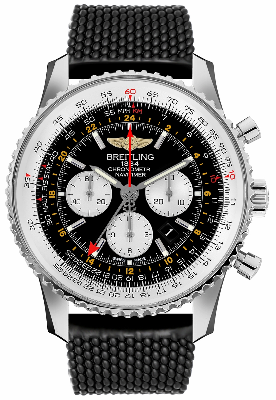 Navitimer GMT Chronograph 48mm Automatic in Steel on Aero Classic Black Rubber Strap with Black Dial