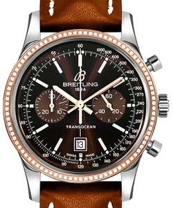 Transocean Chronograph 38mm Automatic in Steel and Rose Gold Diamond Bezel on Brown Calfskin Leather Strap with Brown Dial