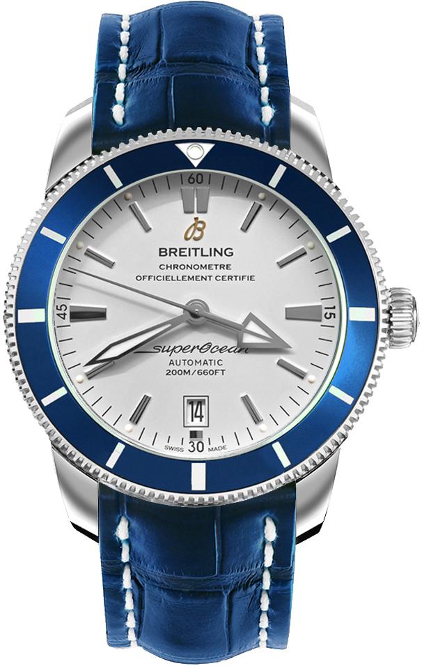 Superocean Heritage II 46mm in Steel with Blue Ceramic Bezel on Blue Crocodile Leather Strap with Stratus Silver Dial
