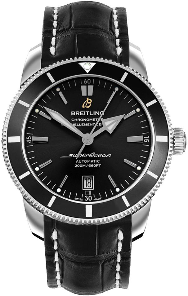 Superocean Heritage II 46mm in Steel with Black Ceramic Bezel on Black Crocodile Leather Strap with Black Dial