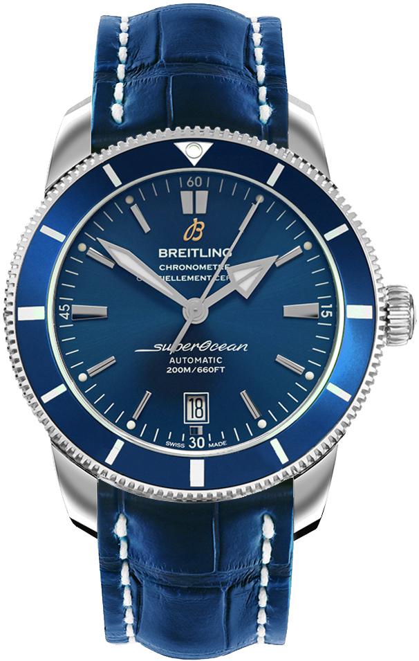 Superocean Heritage II 42mm Automatic in Steel with Blue Ceramic Bezel on Blue Crocodile Leather Strap with Gun Blue Dial