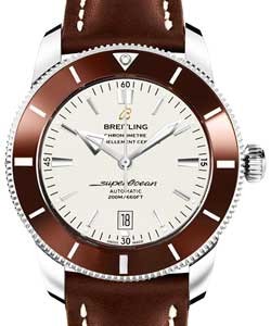 Superocean Heritage II 46mm in Steel with Bronze Ceramic Bezel on Brown Calfskin Leather Strap with Silver Dial