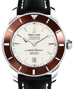 Superocean Heritage II 46mm in Steel with Bronze Ceramic Bezel on Black Calfskin Leather Strap with Silver Dial