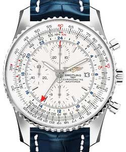 Navitimer World Chronograph 46mm Automatic in Steel on Blue Crocodile Leather Strap with Silver Dial
