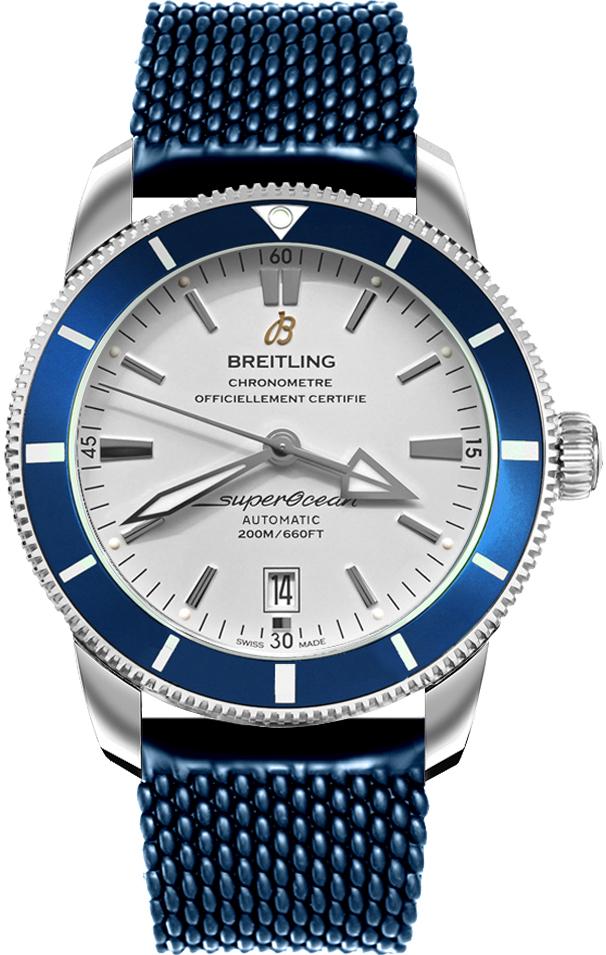 Superocean Heritage II 46mm in Steel with Blue Ceramic Bezel on Blue Aero Classic Rubber Strap with Silver Dial