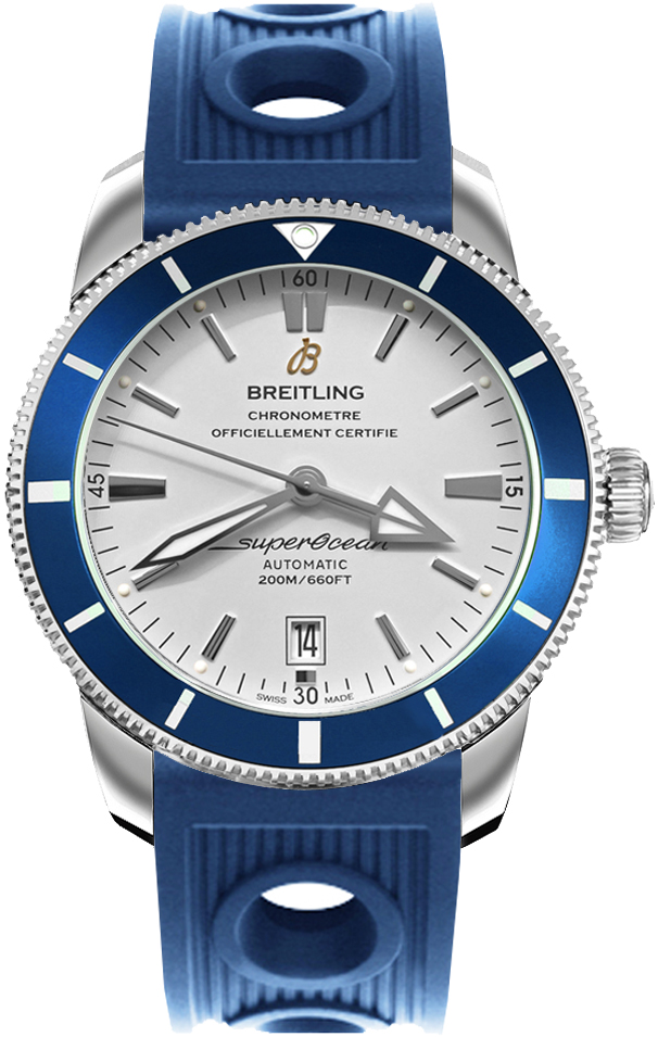 Superocean Heritage II 46mm in Steel with Blue Ceramic Bezel on Blue Ocean Racer Rubber Strap with Silver Dial