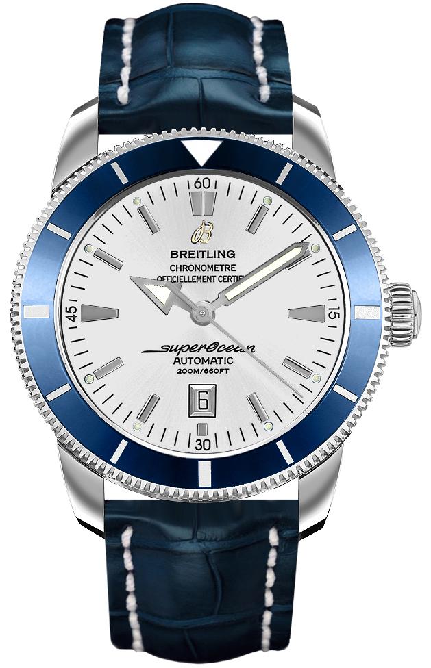 Superocean Heritage 46mm in Steel with Blue Bezel on Blue Crocodile Leather Strap with Silver Dial