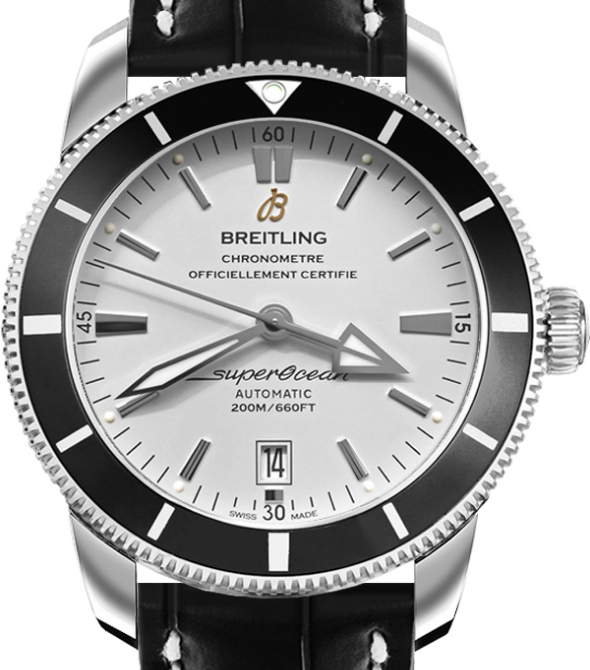 Superocean Heritage II 46 in Steel with Black Ceramic Bezel on Black Crocodile Leather Strap with Silver Dial