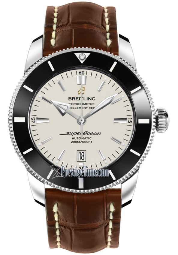 Superocean Heritage II 46 in Steel with Black Ceramic Bezel on Brown Crocodile Leather Strap with Silver Dial