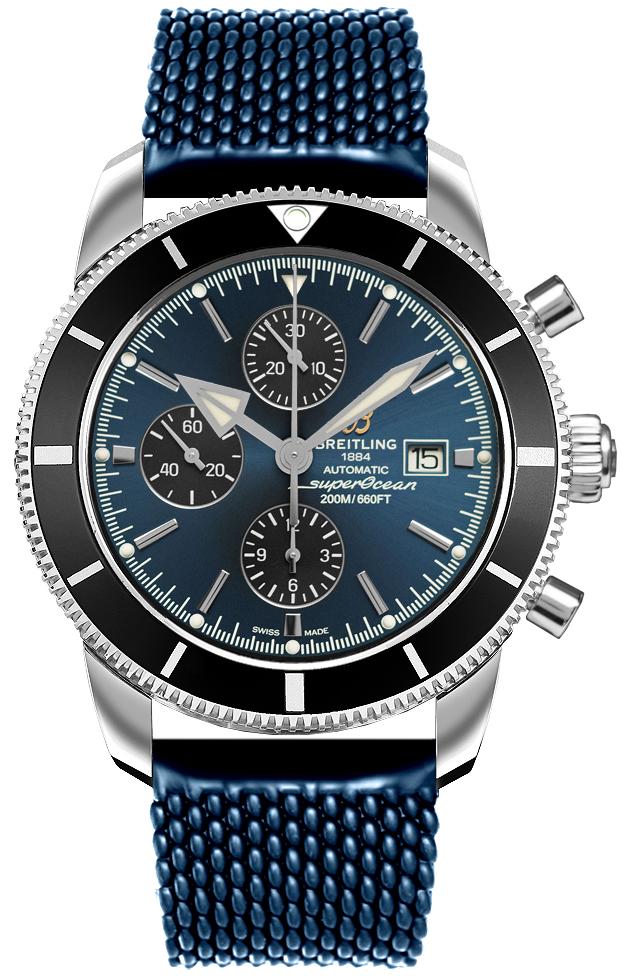 Superocean Heritage II Chronographe 46mm in Steel with Black Ceramic Bezel on Blue Aero Classic Rubber Strap with Gun Blue Dial