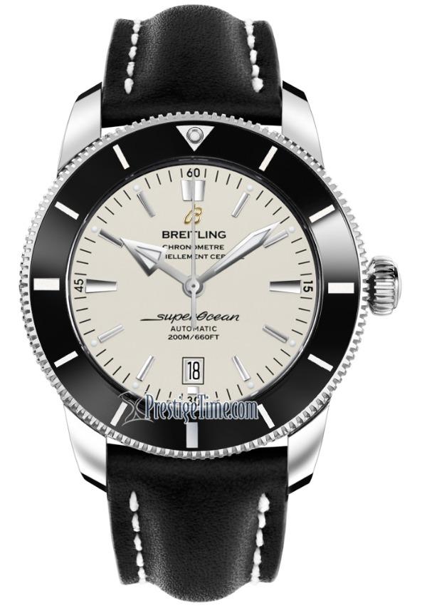 Superocean Heritage II 46 in Steel with Black Ceramic Bezel on Black Calfskin Leather Strap with Silver Dial