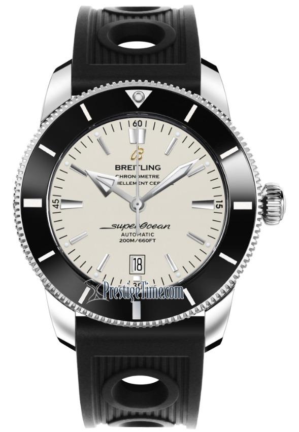 Superocean Heritage II 46 in Steel with Black Ceramic Bezel on Black Ocean Racer Rubber Strap with Silver Dial