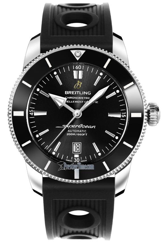 Superocean Heritage II 46mm in Steel with Black Ceramic Bezel on Black Ocean Racer Rubber Strap with Black Dial