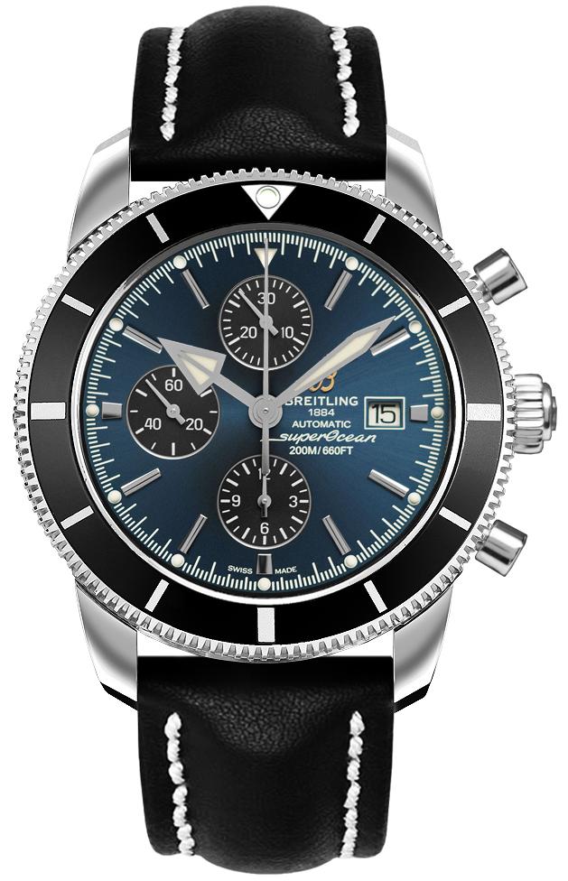 Superocean Heritage II Chronograph 46mm in Steel with Black Ceramic Bezel on Black Calfskin Leather Strap with Gun Blue Dial